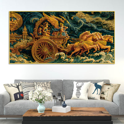 Epic Mahabharata War Scene Krishna Arjuna Painting