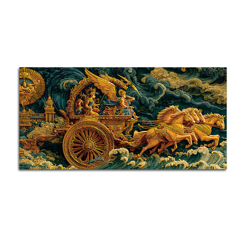 Epic Mahabharata War Scene Krishna Arjuna Painting