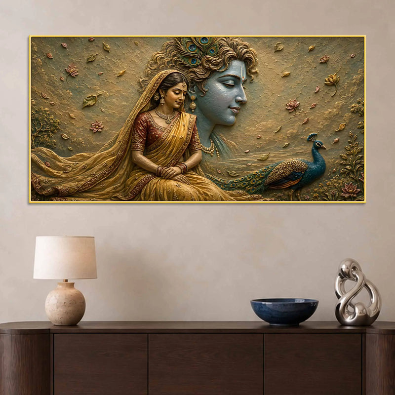 Eternal Bond of Shri Radha Krishna 3D Bas-Relief Type Canvas Wall Painting