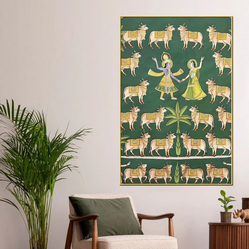 Eternal Dance of Lord Krishna & Shri Radha Among Cows Pichwai Canvas Wall Painting
