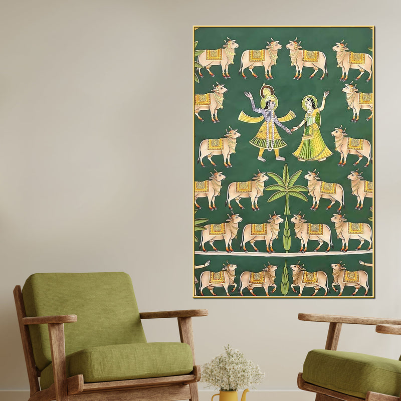 Eternal Dance of Lord Krishna & Shri Radha Among Cows Pichwai Canvas Wall Painting
