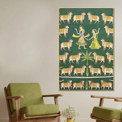 Eternal Dance of Lord Krishna & Shri Radha Among Cows Pichwai Canvas Wall Painting