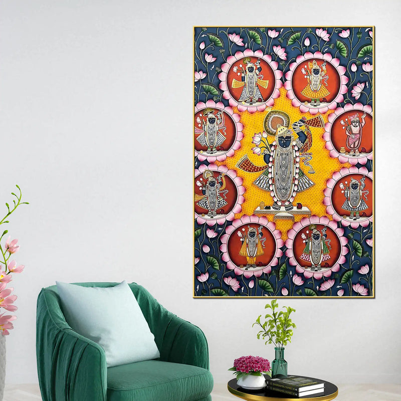 Eternal Darshan of Shrinathji Surrounded by Divine Forms Pichwai Canvas Wall Painting