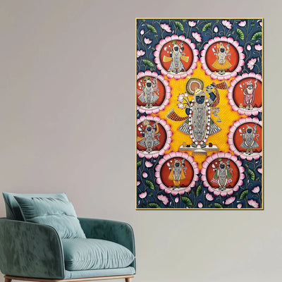 Eternal Darshan of Shrinathji Surrounded by Divine Forms Pichwai Canvas Wall Painting