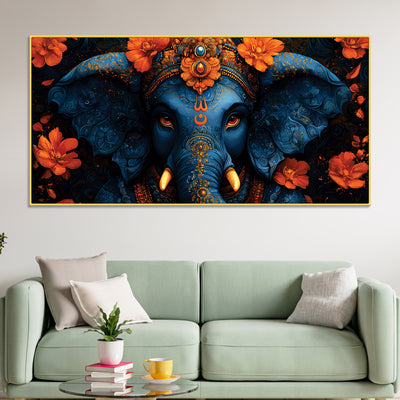 Eternal Indigo Lord Ganpati In Divine Floral Aura Premium Canvas Wall Painting for Home & Office – Modern Spiritual Wall Decor