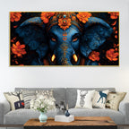 Eternal Indigo Lord Ganpati In Divine Floral Aura Premium Canvas Wall Painting for Home & Office – Modern Spiritual Wall Decor