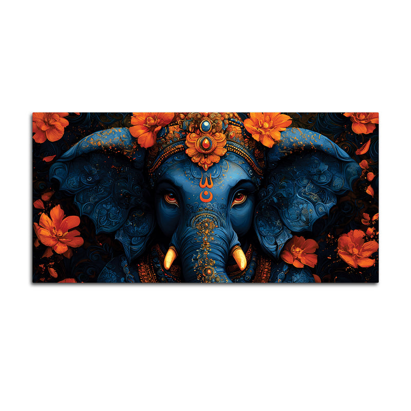 Eternal Indigo Lord Ganpati In Divine Floral Aura Premium Canvas Wall Painting for Home & Office – Modern Spiritual Wall Decor