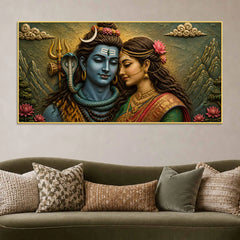 Eternal Love of Maa Parvati and Lord Mahadev 3D Bas-Relief Type Canvas Wall Painting