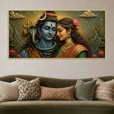 Eternal Love of Maa Parvati and Lord Mahadev 3D Bas-Relief Type Canvas Wall Painting