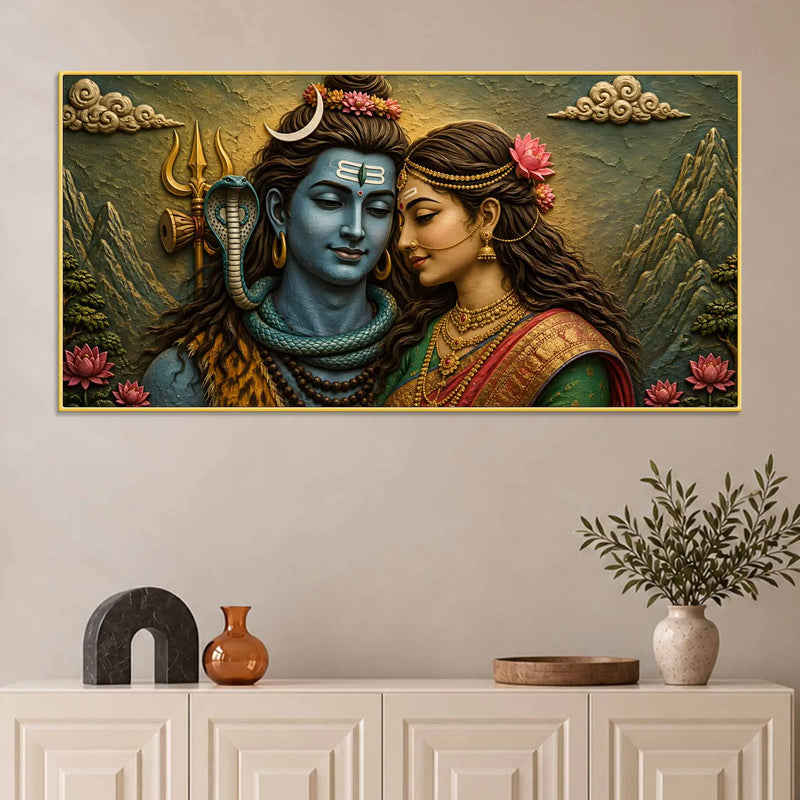 Eternal Love of Maa Parvati and Lord Mahadev 3D Bas-Relief Type Canvas Wall Painting