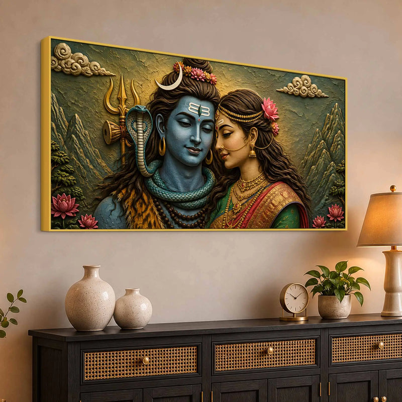 Eternal Love of Maa Parvati and Lord Mahadev 3D Bas-Relief Type Canvas Wall Painting