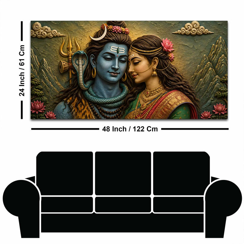 Eternal Love of Maa Parvati and Lord Mahadev 3D Bas-Relief Type Canvas Wall Painting