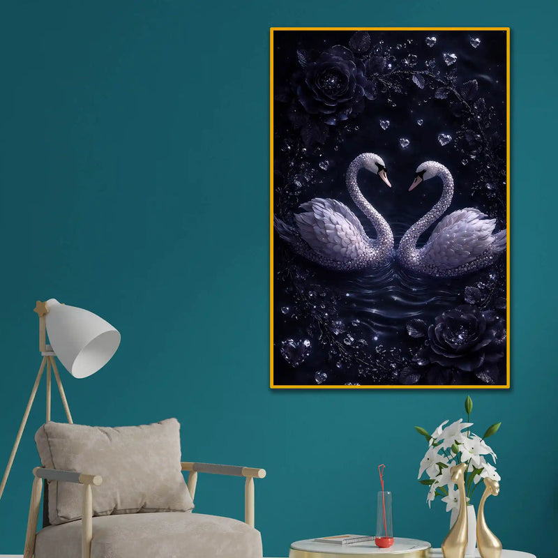 Eternal Love Swan Pair Floating Frame Crystal Wall Painting