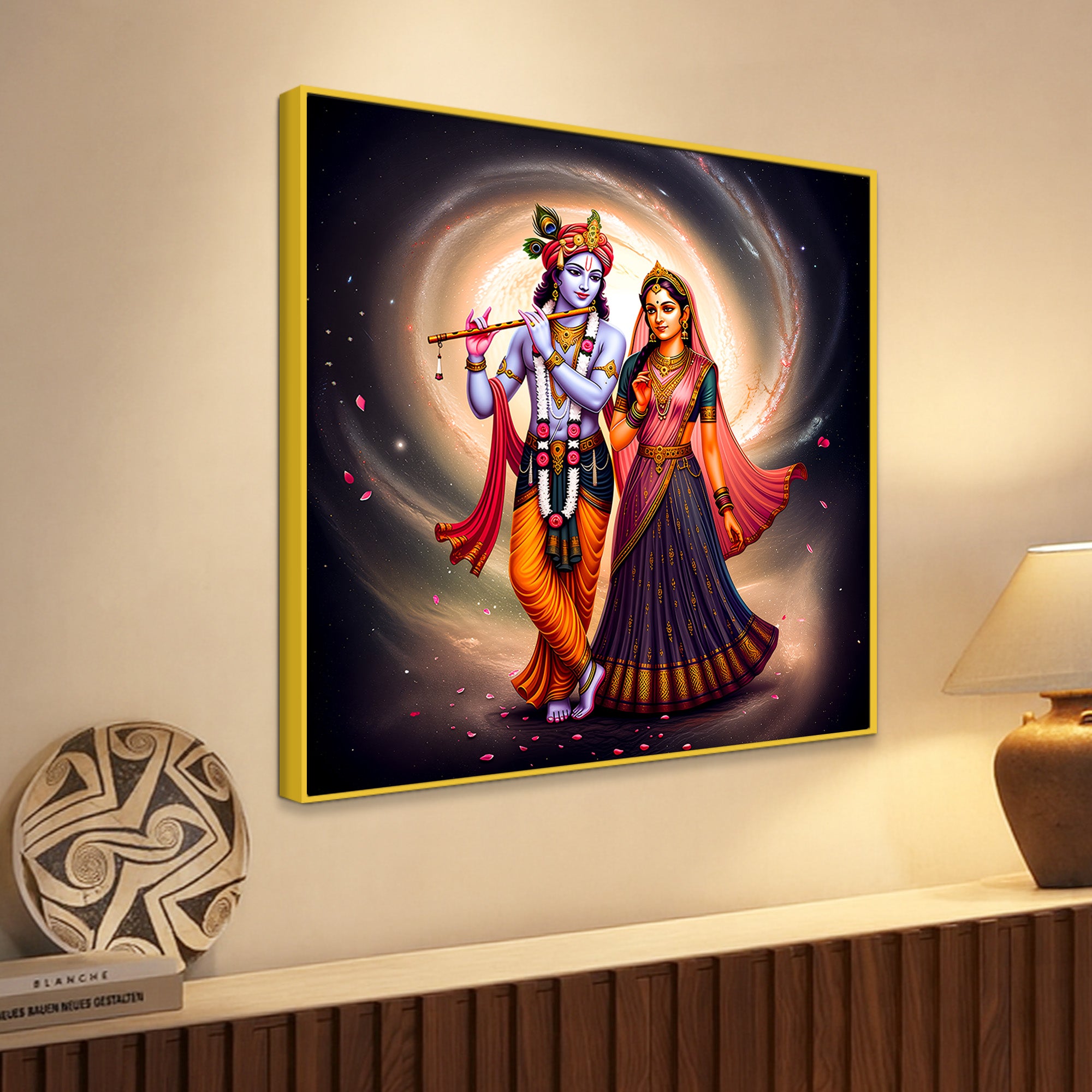 Eternal Shree Radha Krishna Cosmic Theme Canvas Wall Painting for Home Temple & Office – Modern Devotional Wall Decor