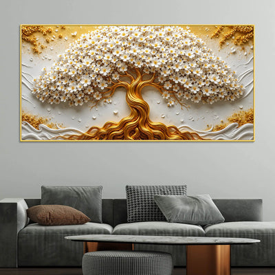 Eternal White Blossom Tree with Golden Roots 3D Canvas Wall Painting
