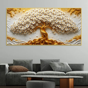 Eternal White Blossom Tree with Golden Roots 3D Canvas Wall Painting