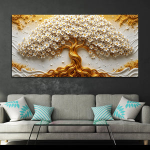 Eternal White Blossom Tree with Golden Roots 3D Canvas Wall Painting