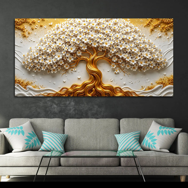 Eternal White Blossom Tree with Golden Roots 3D Canvas Wall Painting