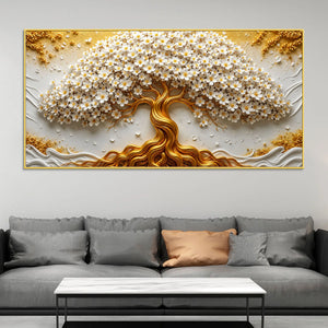 Eternal White Blossom Tree with Golden Roots 3D Canvas Wall Painting