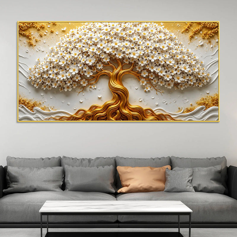 Eternal White Blossom Tree with Golden Roots 3D Canvas Wall Painting