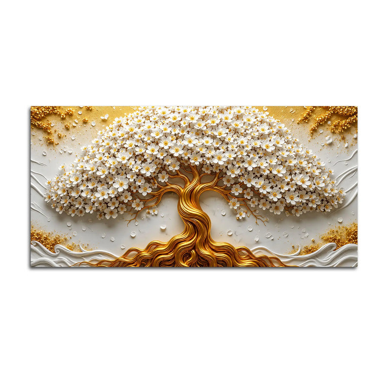 Eternal White Blossom Tree with Golden Roots 3D Canvas Wall Painting