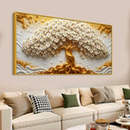 Eternal White Blossom Tree with Golden Roots 3D Canvas Wall Painting