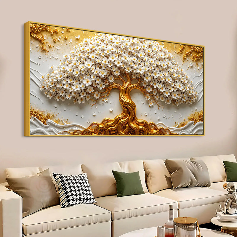 Eternal White Blossom Tree with Golden Roots 3D Canvas Wall Painting