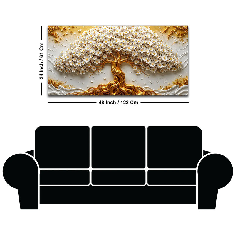 Eternal White Blossom Tree with Golden Roots 3D Canvas Wall Painting
