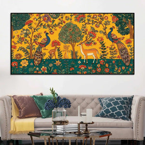 ethereal-peacock-and-deer-indian-folk-art-canvas-wall-painting