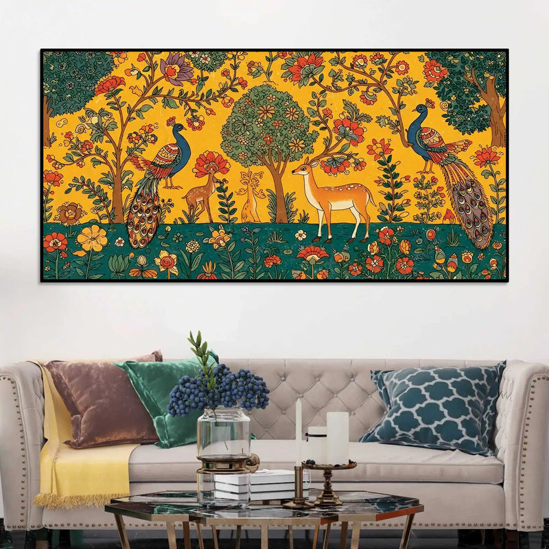 ethereal-peacock-and-deer-indian-folk-art-canvas-wall-painting