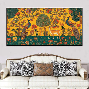 Ethereal Peacock and Deer Indian Folk Art Canvas Wall Painting