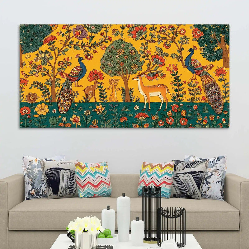 ethereal-peacock-and-deer-indian-folk-art-canvas-wall-painting