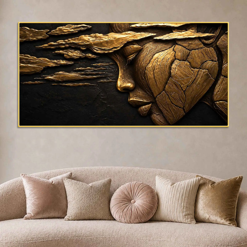 Ethereal Woman Face & Clouds Golden Metallic Look 3D Canvas Wall Painting