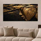 Ethereal Woman Face & Clouds Golden Metallic Look 3D Canvas Wall Painting