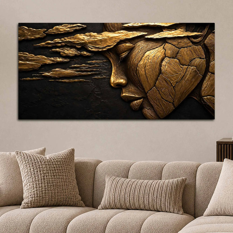 Ethereal Woman Face & Clouds Golden Metallic Look 3D Canvas Wall Painting
