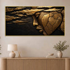 Ethereal Woman Face & Clouds Golden Metallic Look 3D Canvas Wall Painting