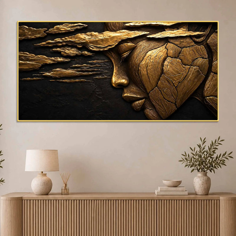 Ethereal Woman Face & Clouds Golden Metallic Look 3D Canvas Wall Painting