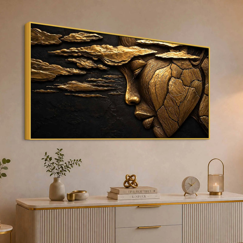 Ethereal Woman Face & Clouds Golden Metallic Look 3D Canvas Wall Painting