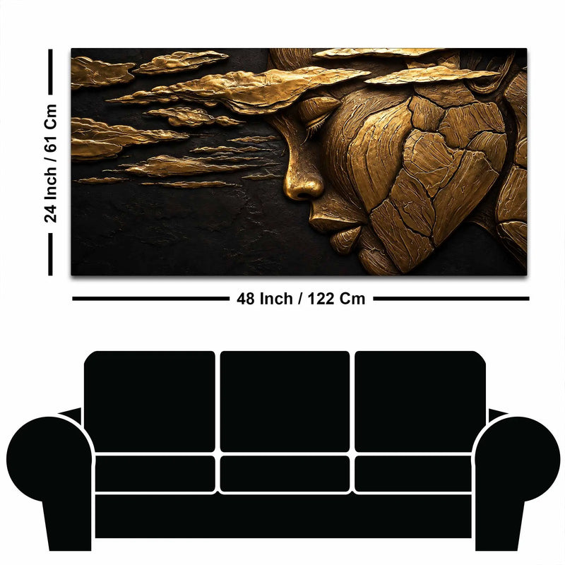 Ethereal Woman Face & Clouds Golden Metallic Look 3D Canvas Wall Painting