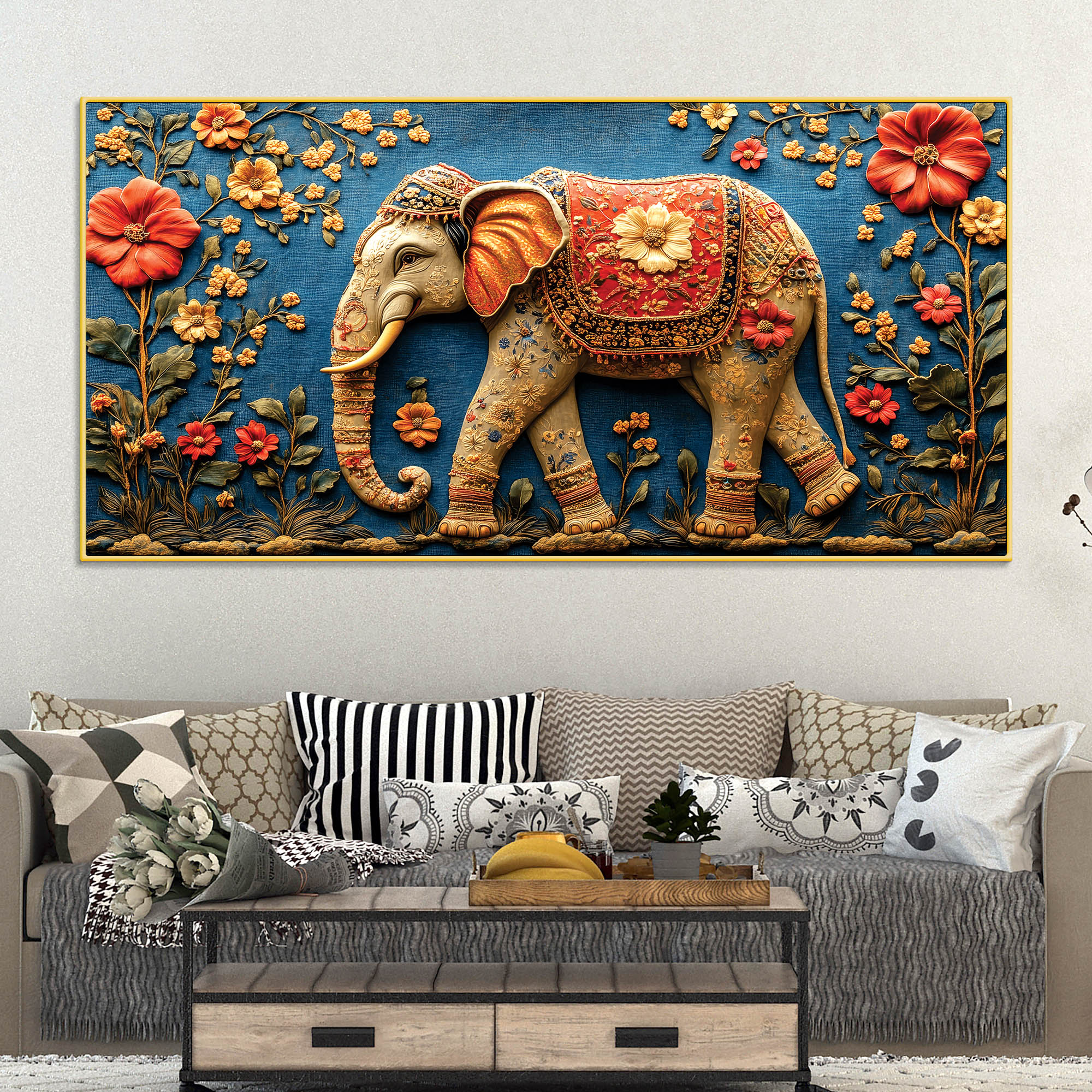 Ethnic Elephant Wall Art Premium Canvas Wall Painting