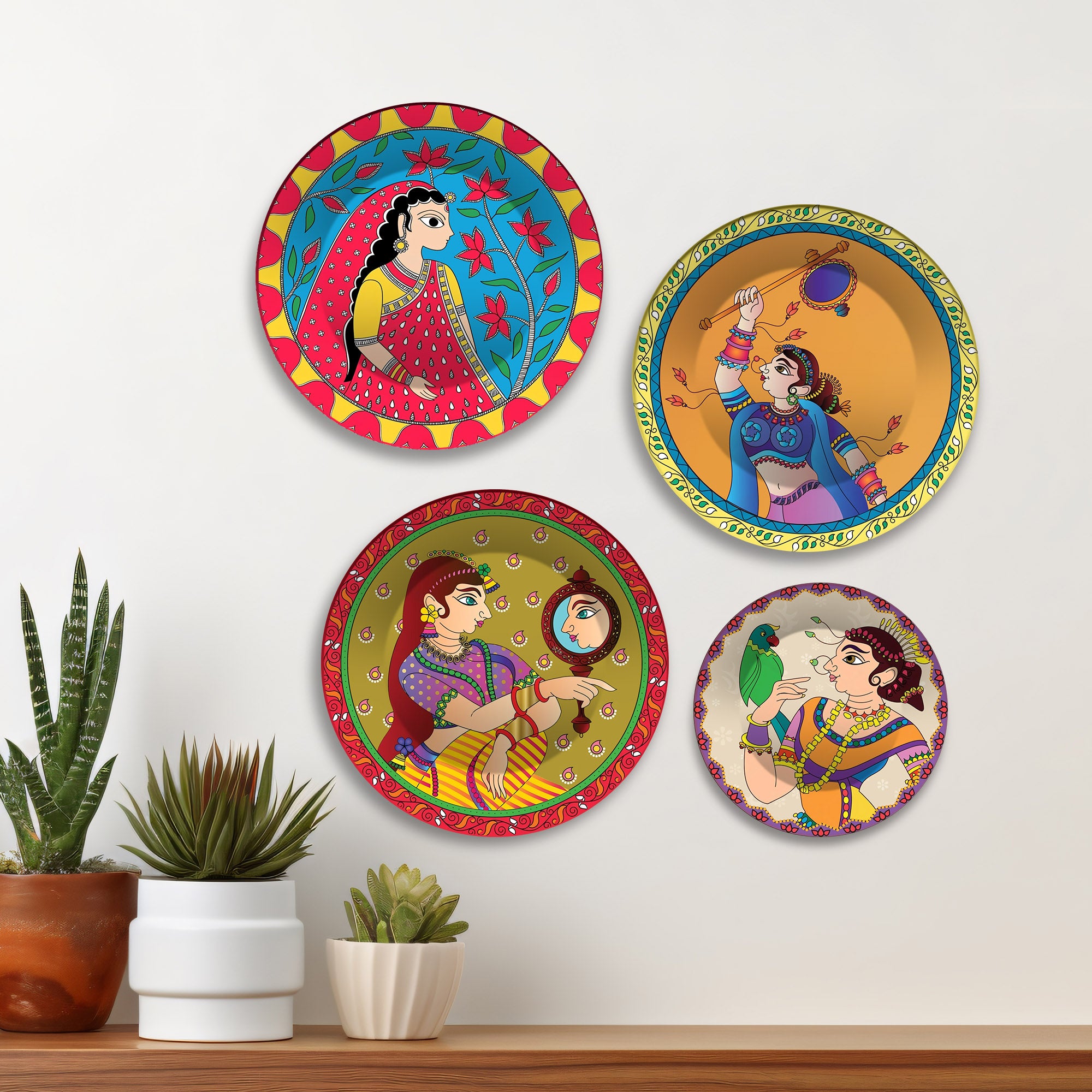 Ethnic Folk Rajasthani Women Premium Wall Plates Painting Set of Four