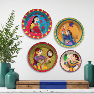Ethnic Folk Rajasthani Women Premium Wall Plates Painting Set of Four