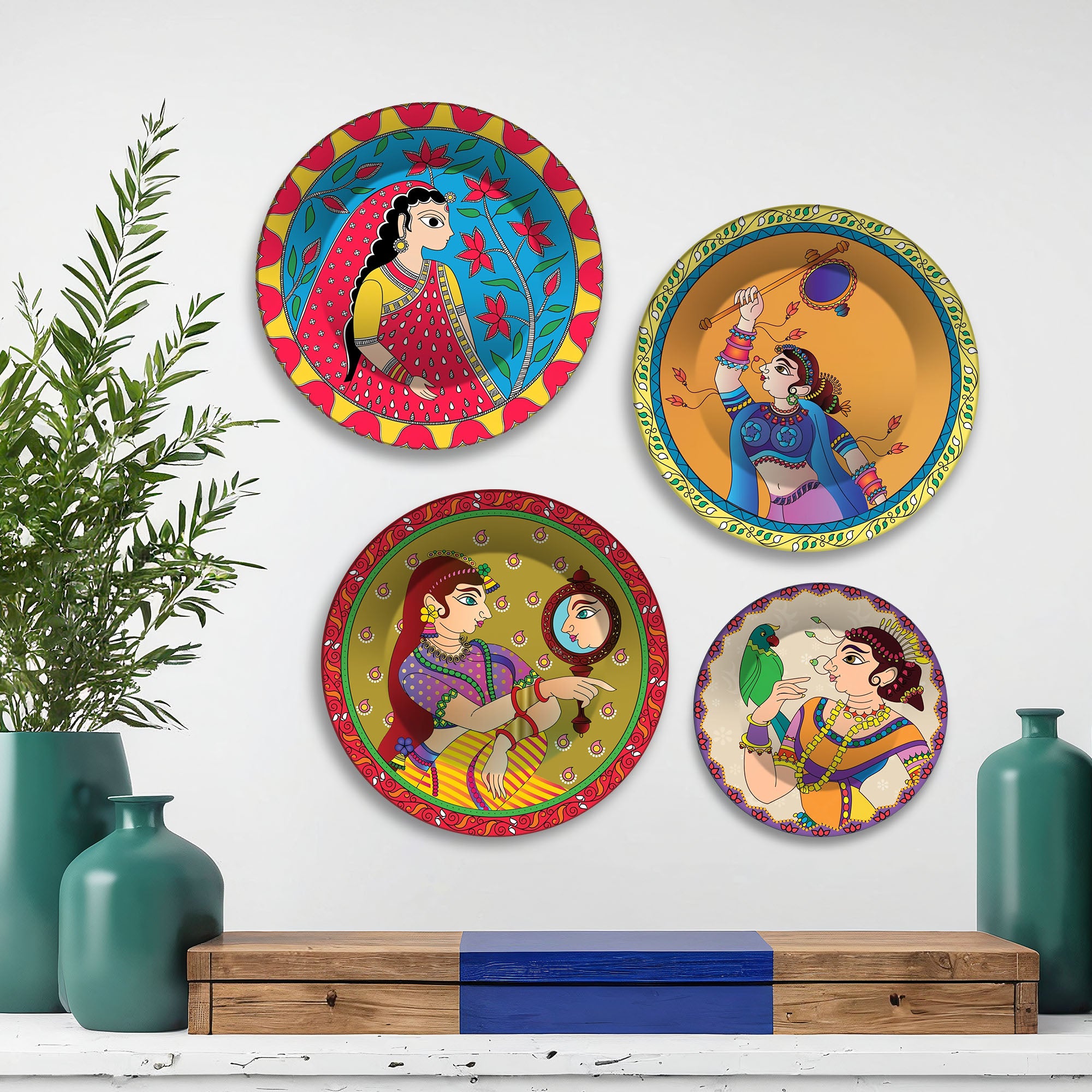 Ethnic Folk Rajasthani Women Premium Wall Plates Painting Set of Four