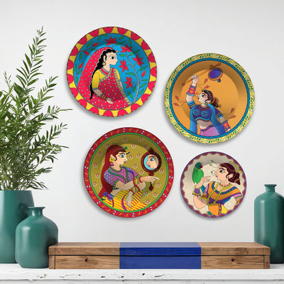 Ethnic Folk Rajasthani Women Premium Wall Plates Painting Set of Four