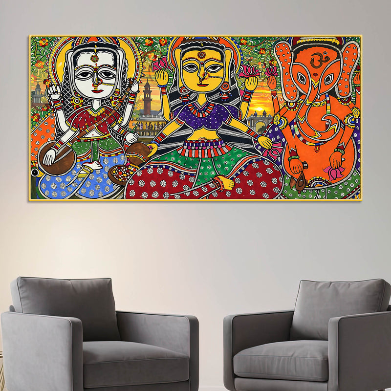 Ethnic Madhubani Lakshmi Saraswati Ganesh Canvas Wall Painting