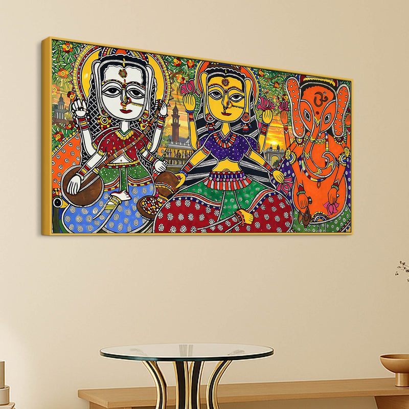 Ethnic Madhubani Lakshmi Saraswati Ganesh Canvas Wall Painting