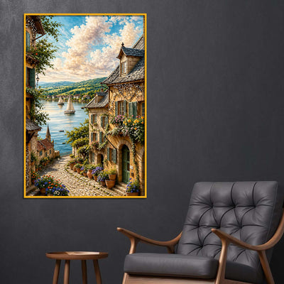 European Riverside Village Floating Frame Crystal Wall Painting