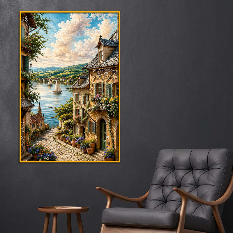 European Riverside Village Floating Frame Crystal Wall Painting