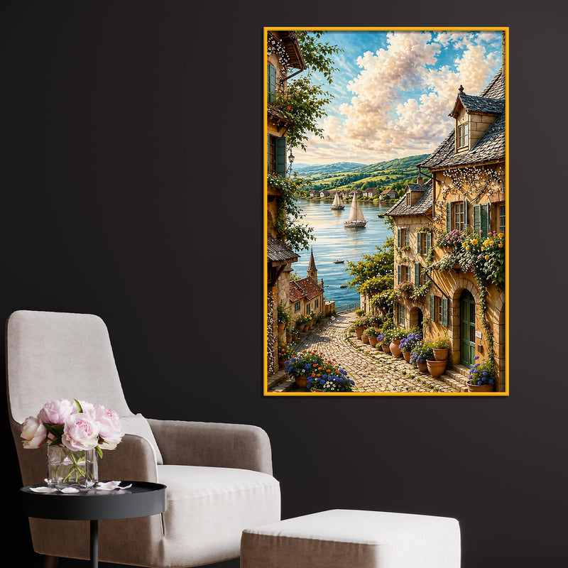 European Riverside Village Floating Frame Crystal Wall Painting