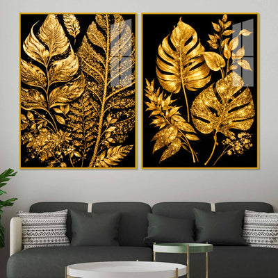 Exquisite Golden Botanical Leaves Acrylic Floating Wall Painting Set of 2